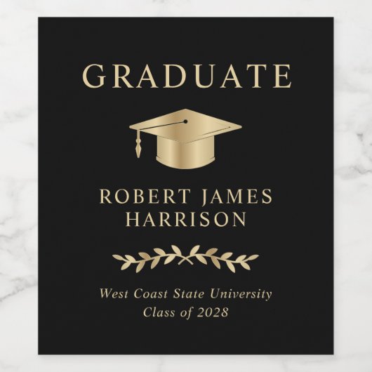 Elegant Afstudeerder Pet Zwart Goud Afstudeerfeest Wijn Etiket (Enkel label)