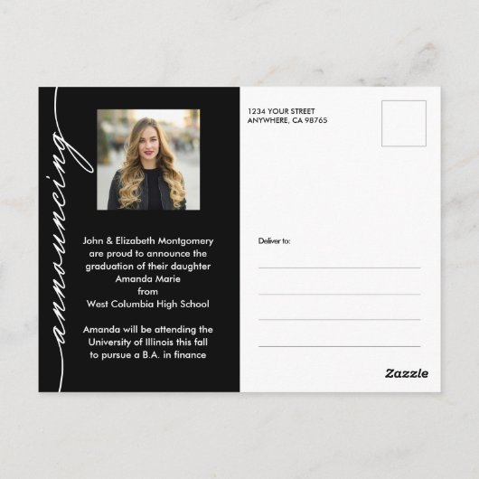 Elegant Afstudeerder Script Foto Afstuderen Aankon Briefkaart (Achterkant)