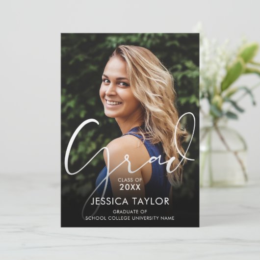 Elegant Afstudeerder Script Photo Graduation Party Kaart (Staand voorkant)