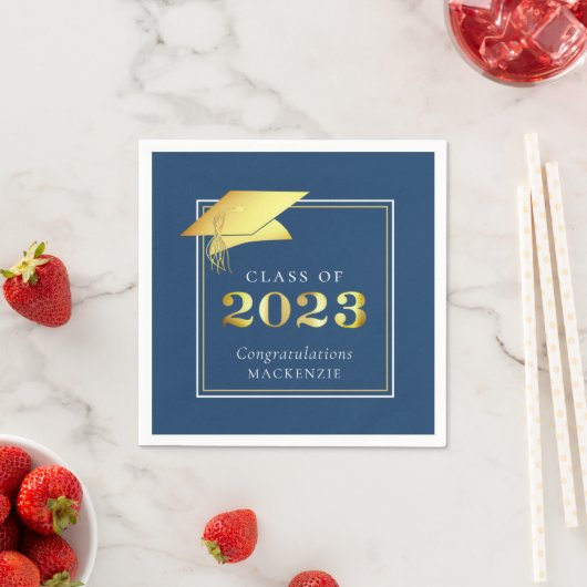 Elegant Afstuderen 2023 Blue Gold Metallic Script Servet (Insitu)