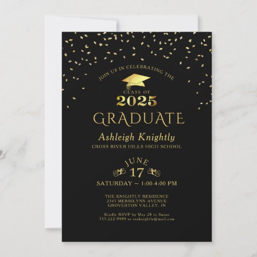 Elegant Afstuderen 2025 Zwart Goud Confetti Kaart (Voorkant)