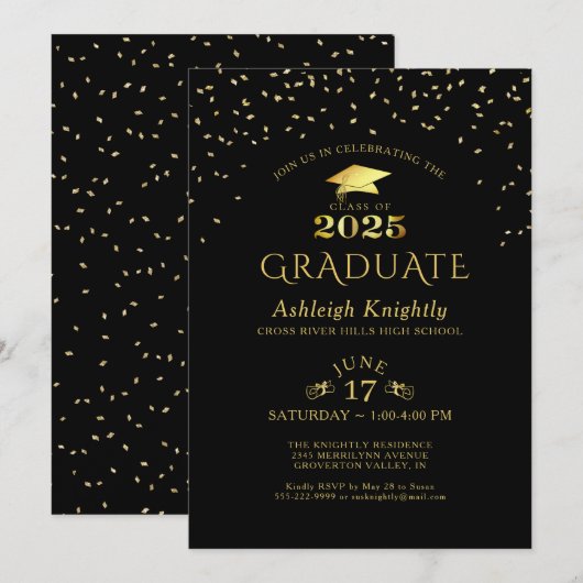 Elegant Afstuderen 2025 Zwart Goud Confetti Kaart (Voorkant / Achterkant)