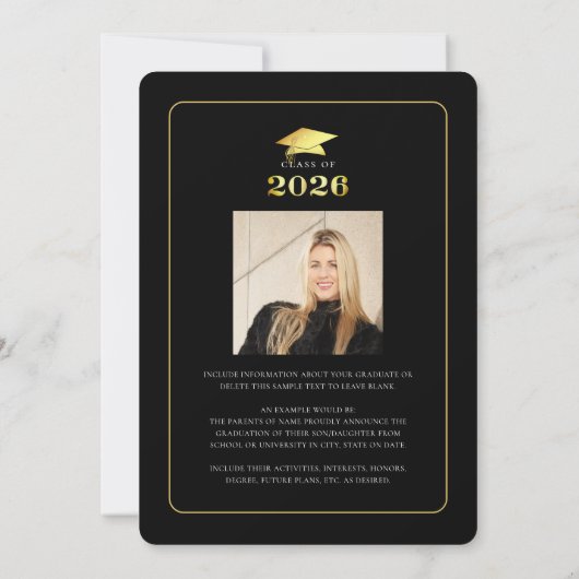 Elegant Afstuderen 2025 Zwart Goud Script 2 Foto's Aankondiging (Achterkant)