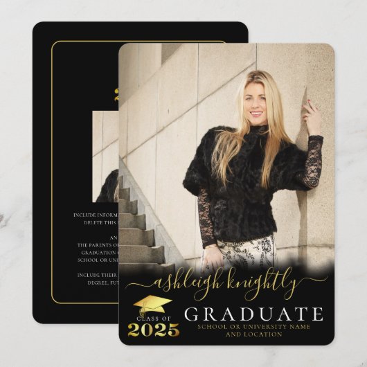 Elegant Afstuderen 2025 Zwart Goud Script 2 Foto's Aankondiging (Voorkant / Achterkant)