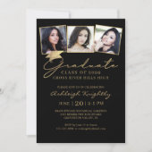 Elegant Afstuderen 3 Foto's Script Pet Zwart Goud Kaart (Voorkant)