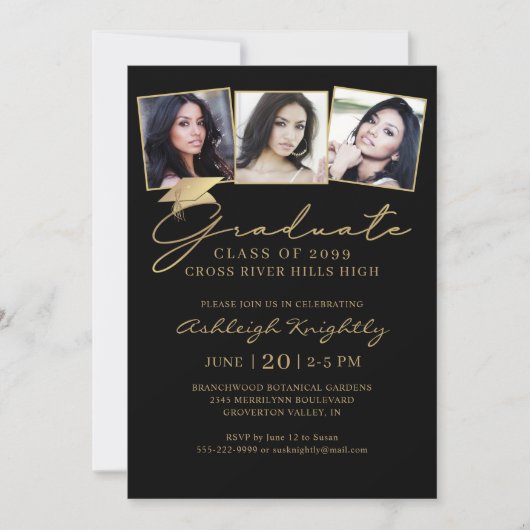 Elegant Afstuderen 3 Foto's Script Pet Zwart Goud Kaart (Voorkant)