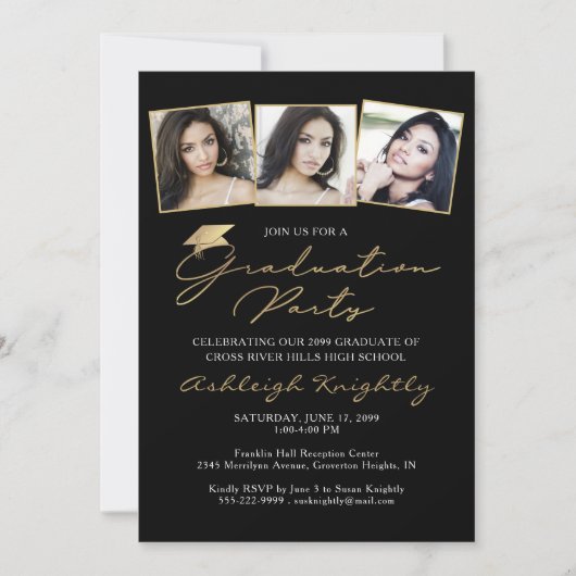 Elegant Afstuderen 3 Foto's Zwart Goud Script Pet Kaart (Voorkant)