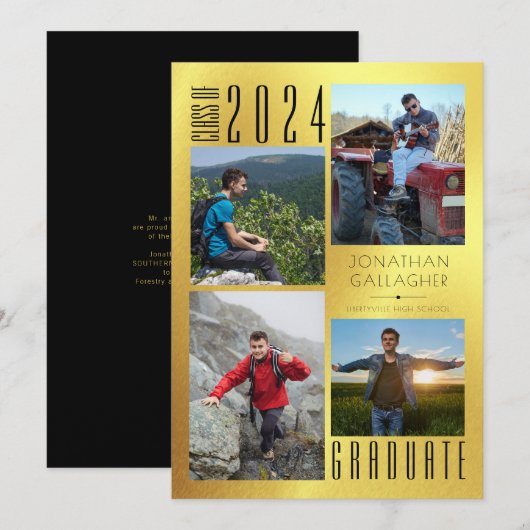 Elegant Afstuderen 4 Foto Faux Metallic Gold Aankondiging (Voorkant / Achterkant)