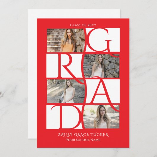 Elegant Afstuderen 5-foto helder rood Afstuderen Aankondiging (Voorkant / Achterkant)