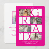 Elegant Afstuderen 5-foto Hot Pink Girly Afstudere Aankondiging (Voorkant / Achterkant)