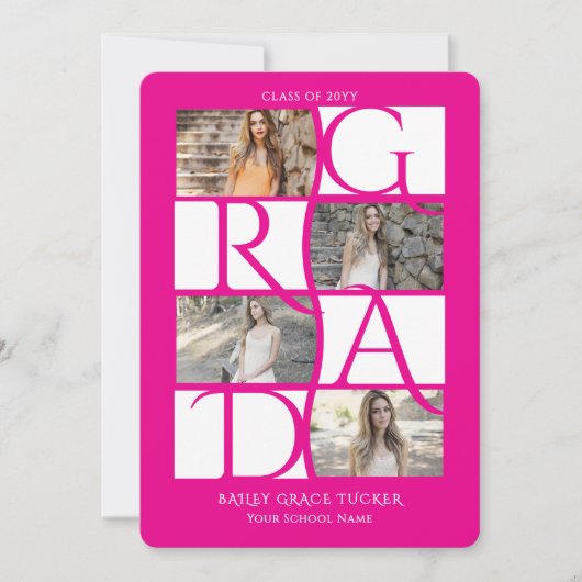Elegant Afstuderen 5-foto Hot Pink Girly Afstudere Aankondiging (Voorkant)