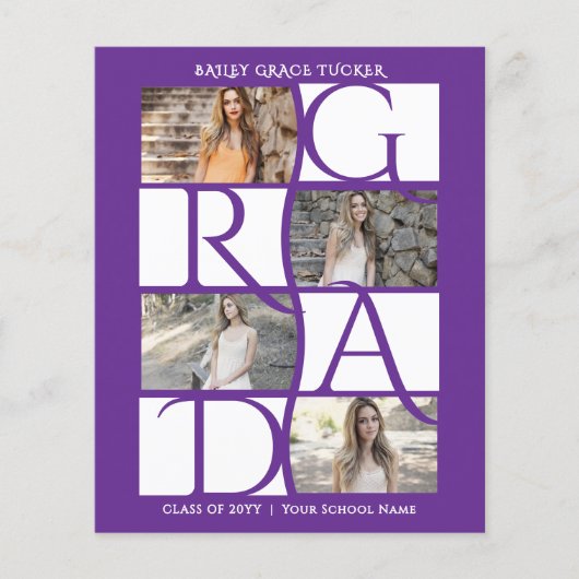 Elegant Afstuderen 5-foto Paarse Afstuderen Uitnod (Voorkant)