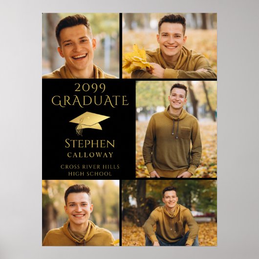 Elegant Afstuderen Black Gold 5 Photo Collage Poster (Voorkant)