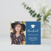 Elegant afstuderen blauw foto afstuderen uitnodigi briefkaart (Staand voorkant)