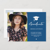 Elegant afstuderen blauw foto afstuderen uitnodigi briefkaart (Voorkant / Achterkant)