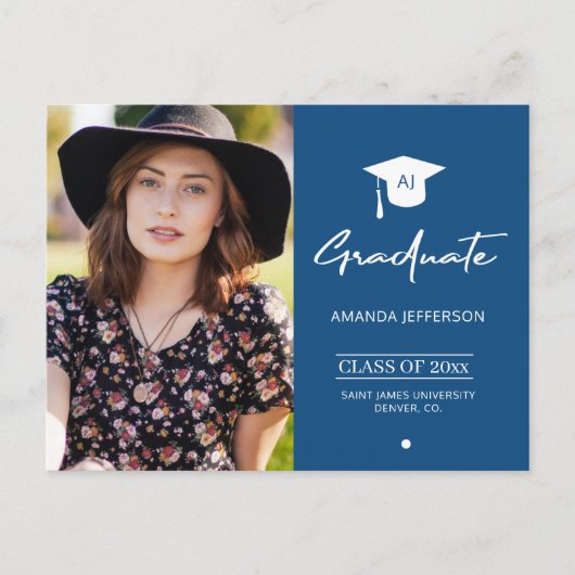 Elegant afstuderen blauw foto afstuderen uitnodigi briefkaart (Voorkant)