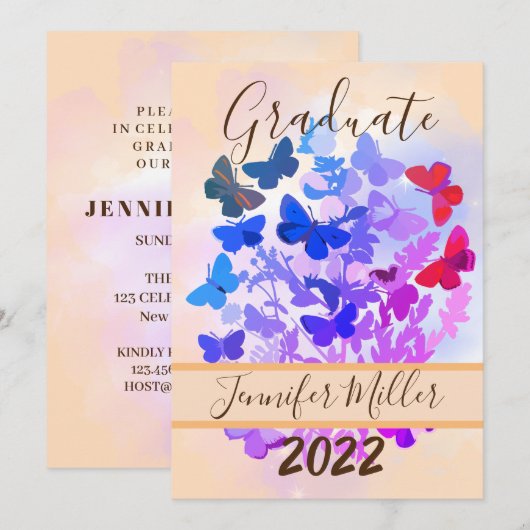 Elegant Afstuderen Butterfly Graduation Party Kaart (Voorkant / Achterkant)