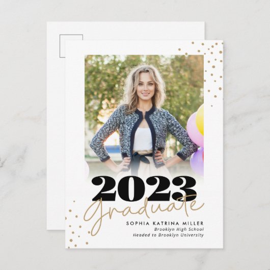 Elegant Afstuderen Class Gold Stippen Foto Afstude Aankondigingskaart (Voorkant / Achterkant)