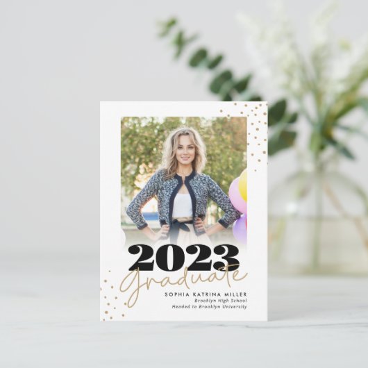 Elegant Afstuderen Class Gold Stippen Foto Afstude Aankondigingskaart (Staand voorkant)