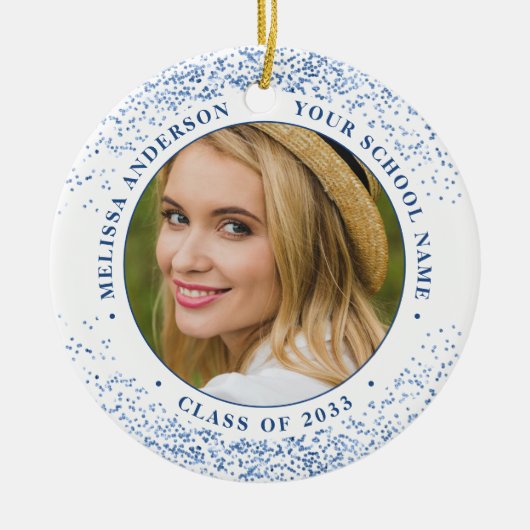 Elegant Afstuderen Custom 2 foto blauw Afstuderen Keramisch Ornament (Voorkant)