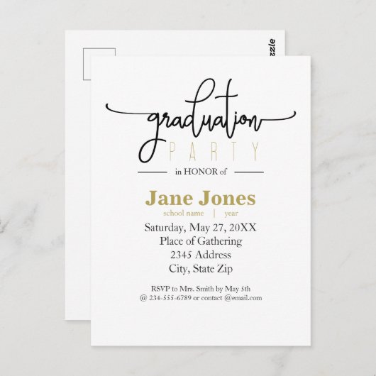 Elegant Afstuderen Faux Gold Foil Party Invitation Briefkaart (Voorkant / Achterkant)