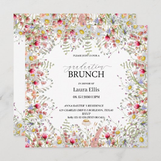 Elegant afstuderen floral brunch kaart (Voorkant / Achterkant)
