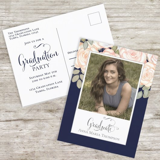 Elegant Afstuderen Floral Waterverf Chic Navy Blue Briefkaart