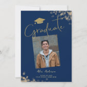 Elegant Afstuderen foto blauw marine Aankondiging (Voorkant)