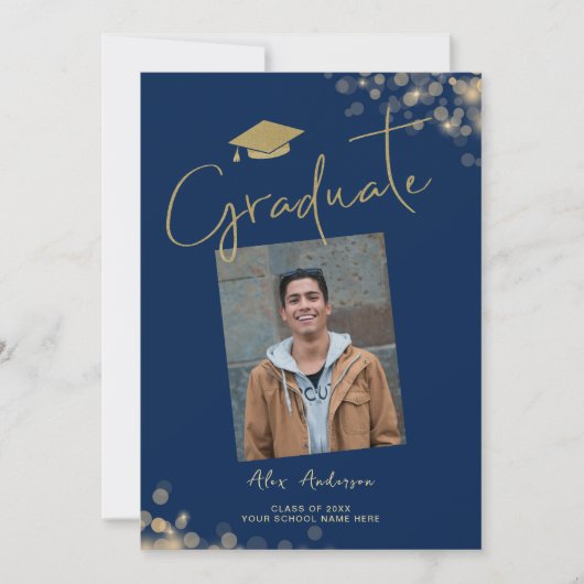 Elegant Afstuderen foto blauw marine Aankondiging (Voorkant)