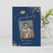 Elegant Afstuderen foto blauw marine Aankondiging (Staand voorkant)