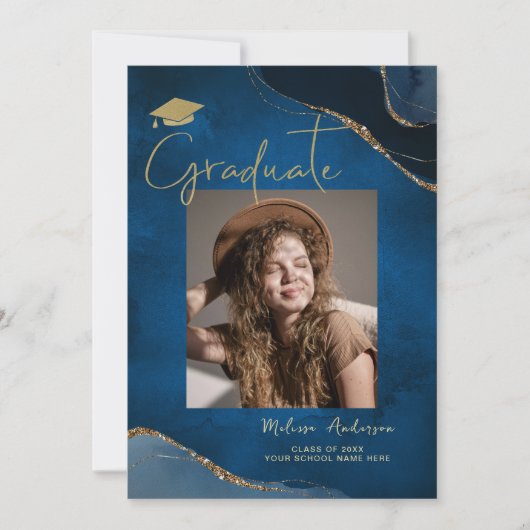 Elegant Afstuderen foto blauw marine Aankondiging (Voorkant)