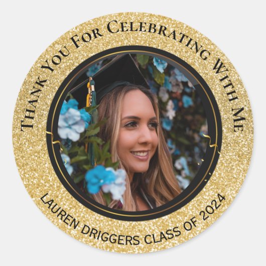 Elegant Afstuderen Fotojaar Gouden Glitter Ronde Sticker (Voorkant)