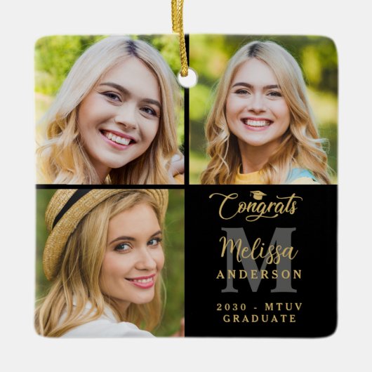 Elegant Afstuderen gepersonaliseerde 3 fotocollage Keramisch Ornament (Voorkant)