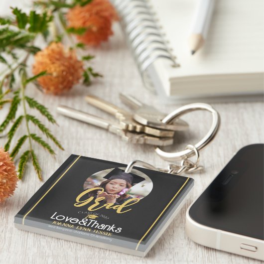 Elegant Afstuderen Gold Pet Bedankt Script Foto Sleutelhanger (Voorkant Rechts)
