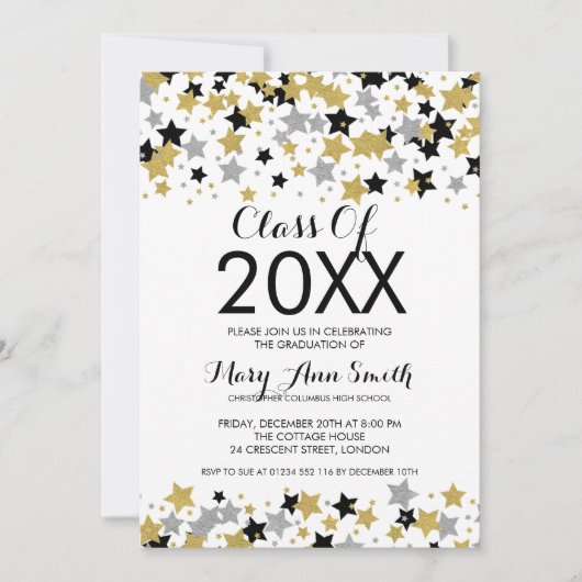 Elegant Afstuderen Gold Silver Glitter Stars Kaart (Voorkant)