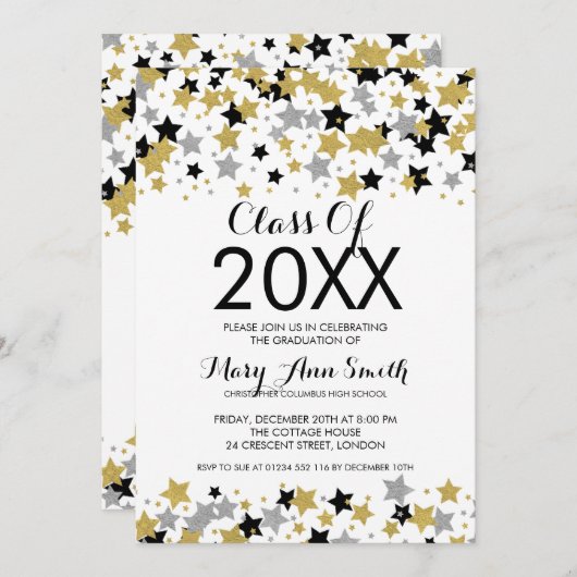 Elegant Afstuderen Gold Silver Glitter Stars Kaart (Voorkant / Achterkant)