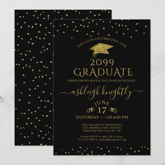 Elegant Afstuderen Gouden Glitter Confetti Pet Zwa Kaart (Voorkant / Achterkant)