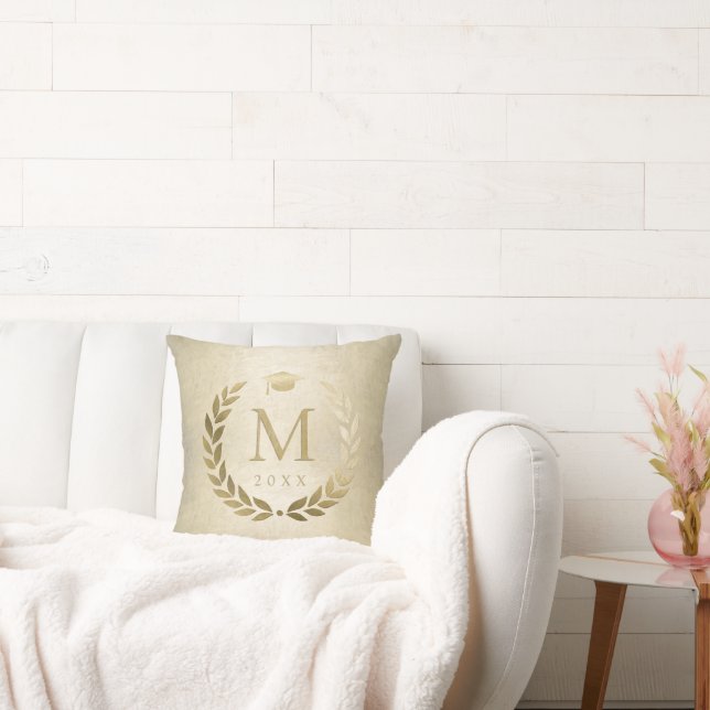 Elegant Afstuderen gouden lauwerkrans monogram Kussen (Bank)