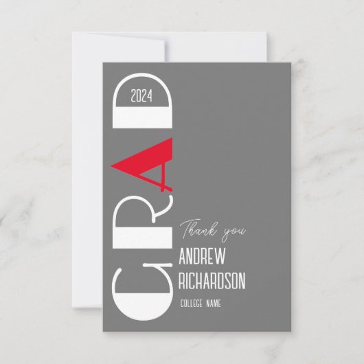 Elegant afstuderen grijs Wit en Rood Ontwerp Bedankkaart (Voorkant)