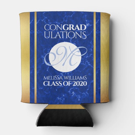 Elegant Afstuderen Monogram Blue Marble Gold Foil Blikjeskoeler (Achterkant)