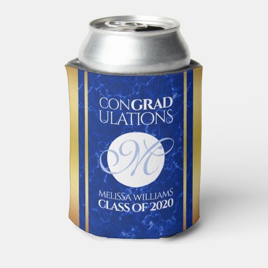 Elegant Afstuderen Monogram Blue Marble Gold Foil Blikjeskoeler (Blikje Achterkant)