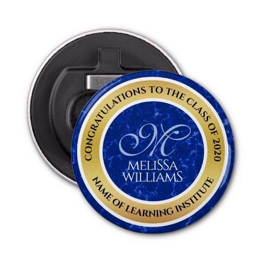 Elegant Afstuderen Monogram Blue Marble Gold Foil Button Flesopener (Voorkant)