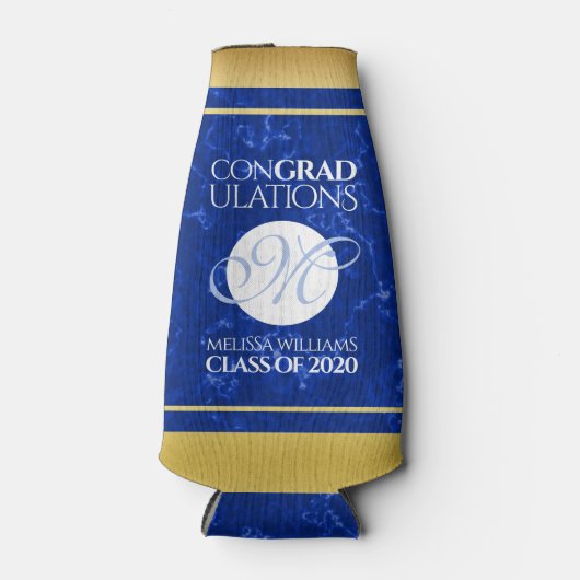 Elegant Afstuderen Monogram Blue Marble Gold Foil Flesjeskoeler (Voorkant)