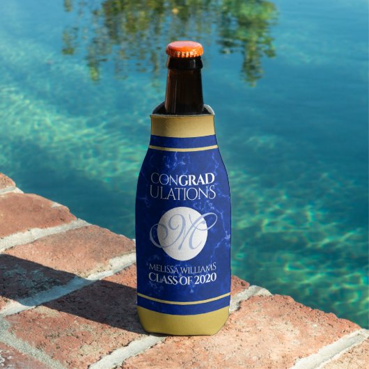 Elegant Afstuderen Monogram Blue Marble Gold Foil Flesjeskoeler (Insitu Zwembad)