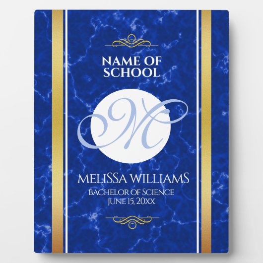 Elegant Afstuderen Monogram Blue Marble Gold Foil Fotoplaat (Voorkant)