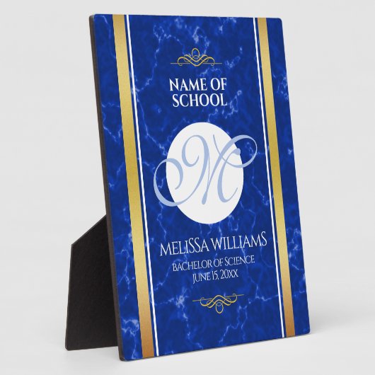 Elegant Afstuderen Monogram Blue Marble Gold Foil Fotoplaat (Zijkant)