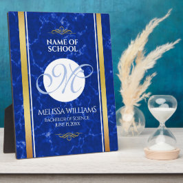 Elegant Afstuderen Monogram Blue Marble Gold Foil Fotoplaat