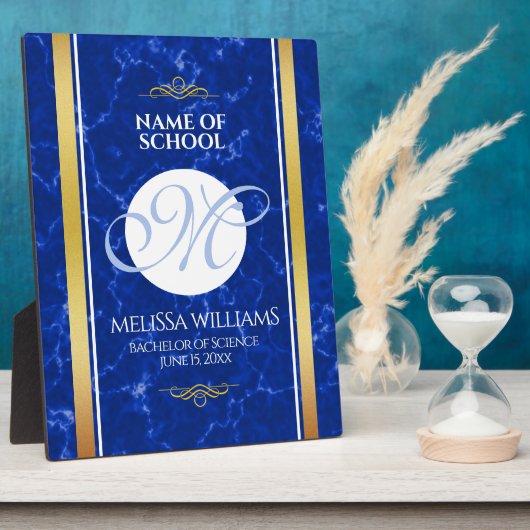 Elegant Afstuderen Monogram Blue Marble Gold Foil Fotoplaat (Zijkant)