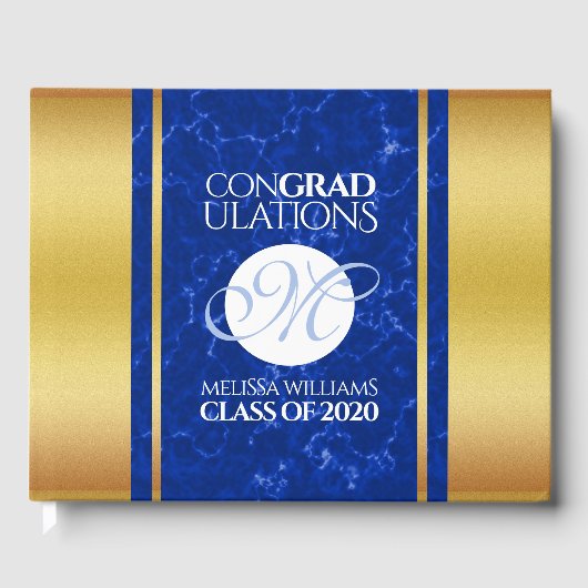 Elegant Afstuderen Monogram Blue Marble Gold Foil Gastenboek (Voorkant)