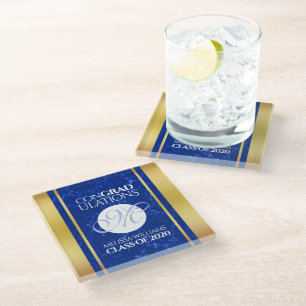 Elegant Afstuderen Monogram Blue Marble Gold Foil Glazen Onderzetter